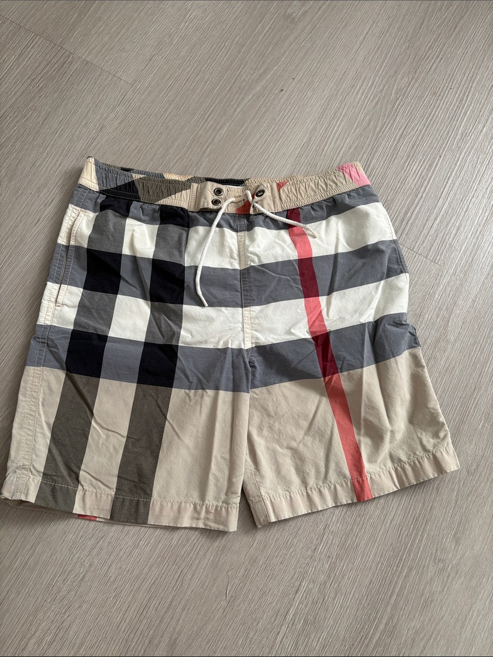Burberry Men’s Check Swim Trunks in Beige, Gray & Red